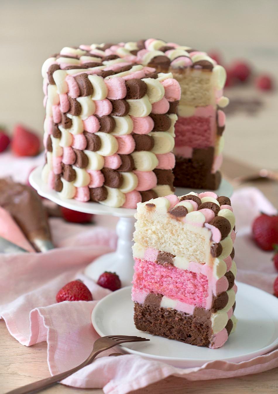 Vibrant Layered Neapolitan Ice Cream Cake with Whipped Chocolate Frosting