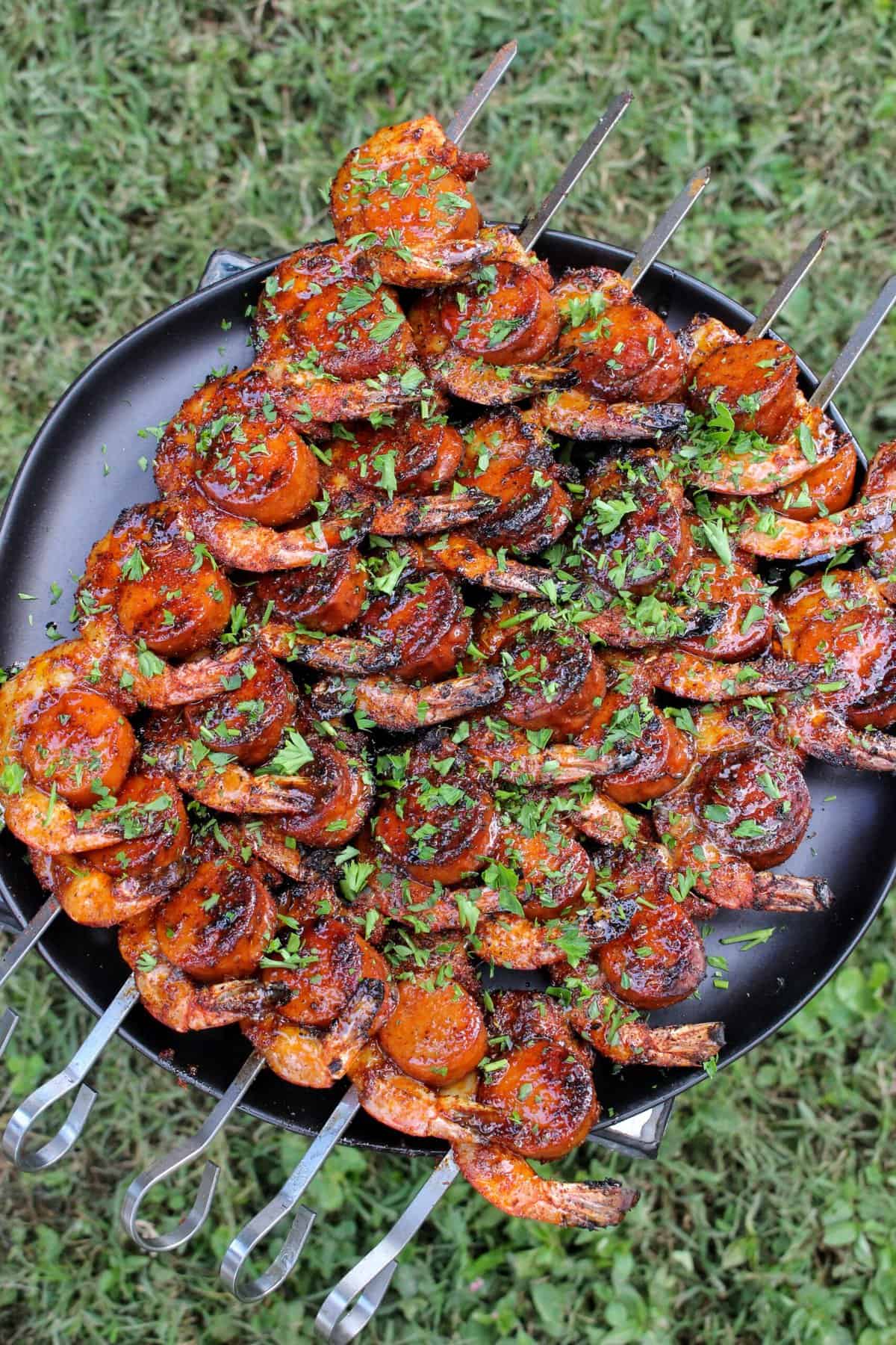 Juneteenth-Inspired Lowcountry Shrimp & Sausage Muscadine Skewers