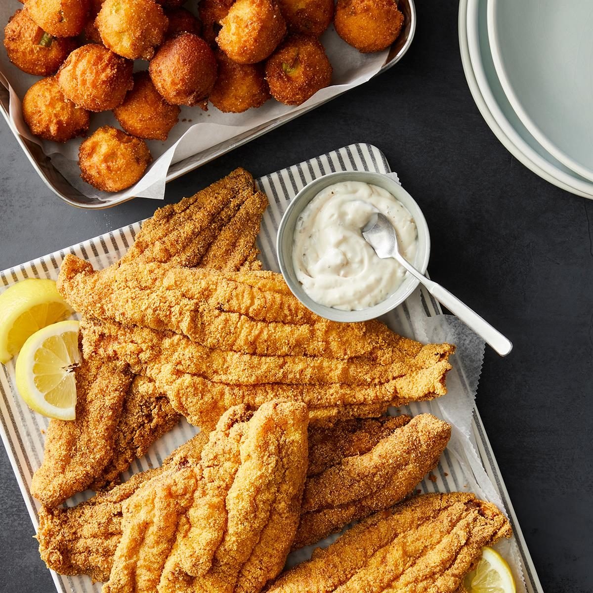 Fried Catfish with Country Remoulade and Beer Batter Hushpuppies