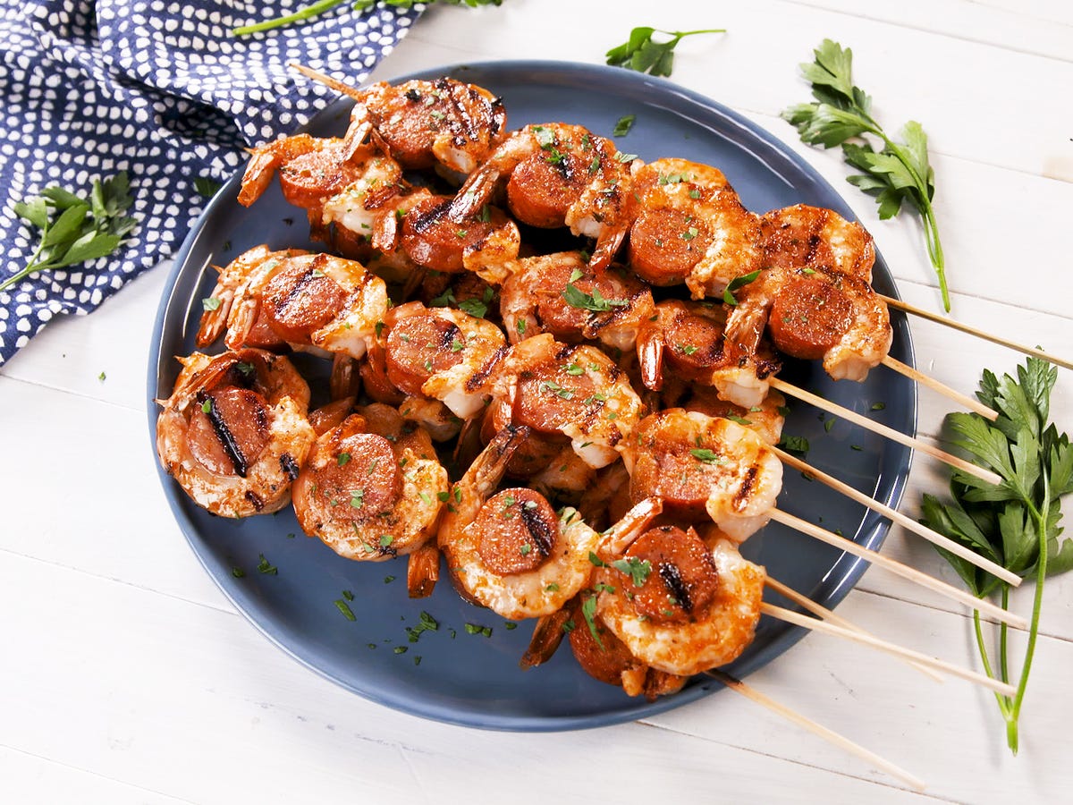 Juneteenth-Inspired Lowcountry Shrimp & Sausage Muscadine Skewers