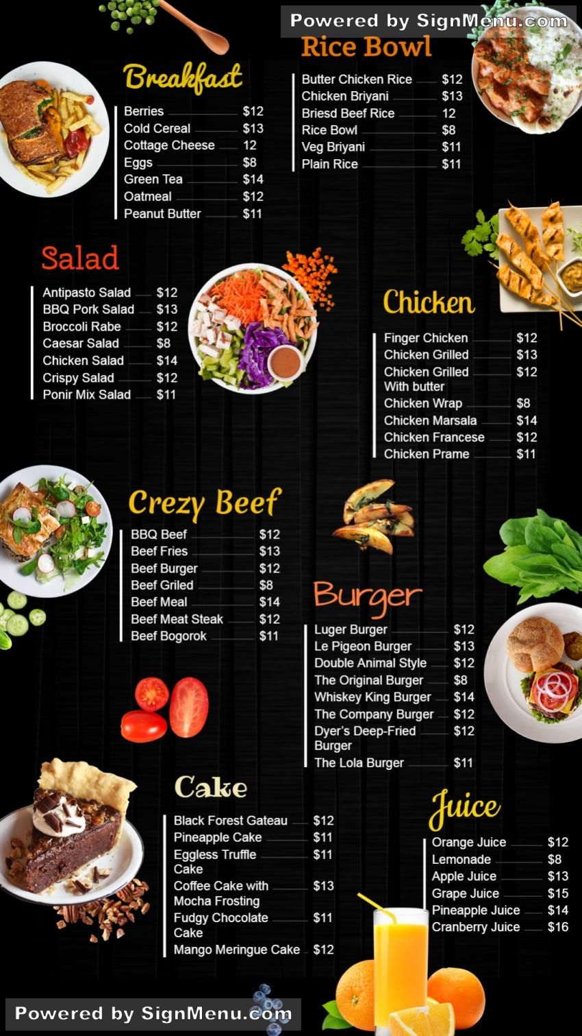 menu for foods