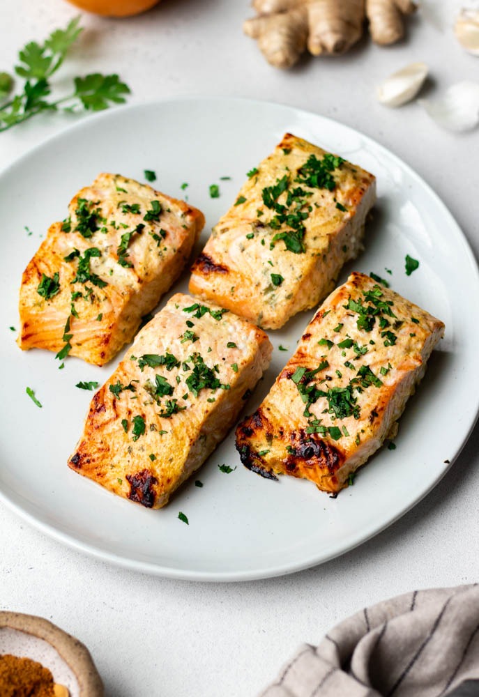 Crispy Yogurt-Marinated Moroccan Grilled Salmon