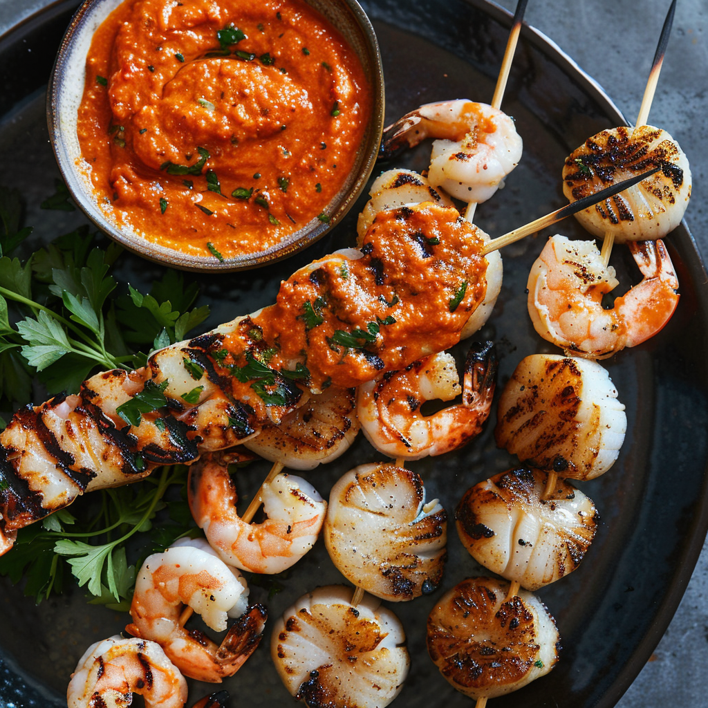 Grilled Shrimp Skewers with Smoky Romesco Sauce