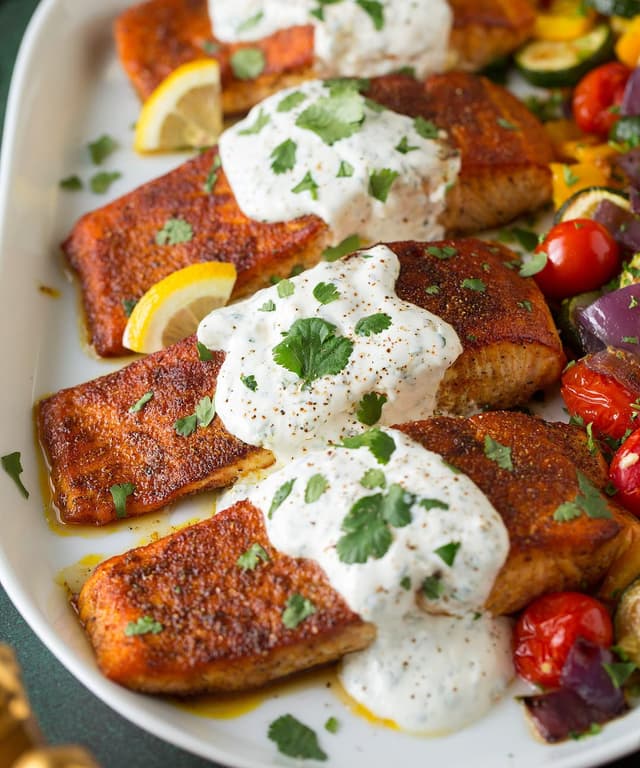 Crispy Yogurt-Marinated Moroccan Grilled Salmon